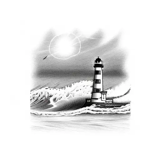light house with waves crashing around it. Baseball Diamond and baseball bats behind the light house. The light house is tattoo design idea