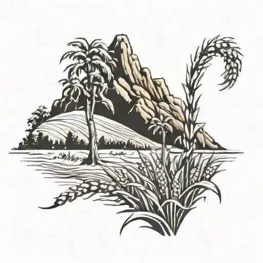 cornfield abyss, California mountains, Charleston coast line tattoo design idea