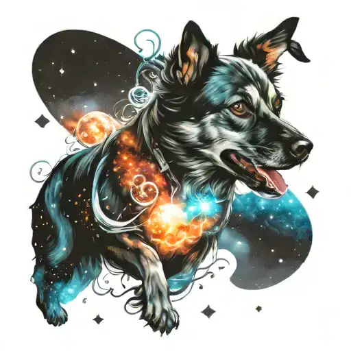 An astral projection of a dog exploring cosmic time travel, surrounded by swirling galaxies and stars tattoo design idea