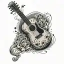 A sleeve tattoo featuring a guitar surrounded by cat paw prints tattoo design idea