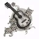 A sleeve tattoo featuring a guitar surrounded by cat paw prints tattoo design idea
