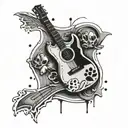 A sleeve tattoo featuring a guitar surrounded by cat paw prints tattoo design idea