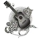 A sleeve tattoo featuring a guitar surrounded by cat paw prints tattoo design idea
