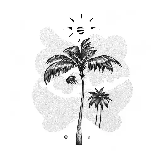 simple line tattoo with palm tree and sun and waves tattoo design idea