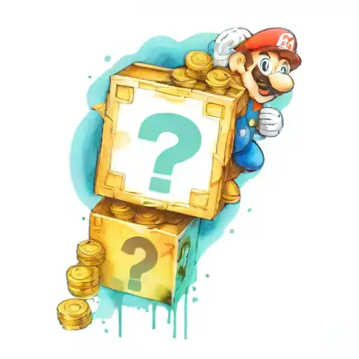 super mario getting a box with a question mark and coins coming out of the box tattoo design idea
