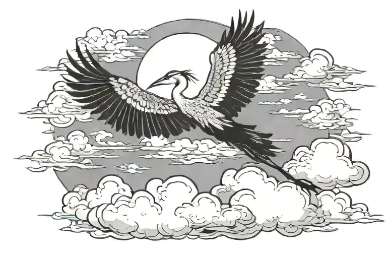 heron flying towards the sun and fluffy clouds tattoo design idea