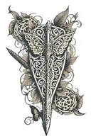 distorted sword with shield with vines with thorns wrapped around and distorted blurry butterflies tattoo design idea