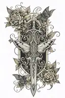 distorted sword with shield with vines with thorns wrapped around and distorted blurry butterflies tattoo design idea