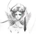 An angel with a sword stabbing a devil that goes into a scary anime girl with two angels kissing on the hand with a muds tattoo design idea