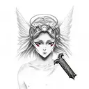 An angel with a sword stabbing a devil that goes into a scary anime girl with two angels kissing on the hand with a muds tattoo design idea