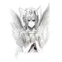 An angel with a sword stabbing a devil that goes into a scary anime girl with two angels kissing on the hand with a muds tattoo design idea