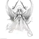 An angel with a sword stabbing a devil that goes into a scary anime girl with two angels kissing on the hand with a muds tattoo design idea