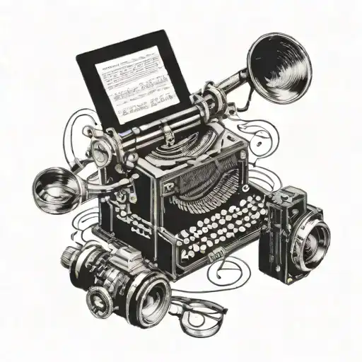 A vintage typewriter surrounded by musical notes and camera lenses, showcasing the client's interests in writing, music, and photography tattoo design idea