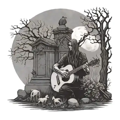 A hauntingly beautiful cemetery scene with a musician playing a guitar under a full moon, capturing the essence of music and cemeteries tattoo design idea