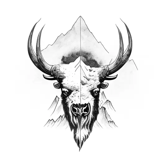 bison skull with mountains  tattoo design idea