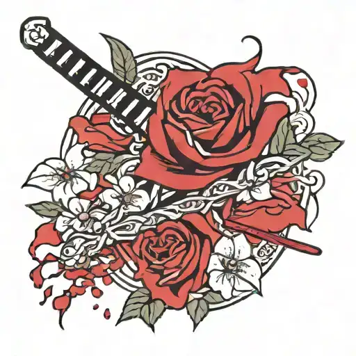 katana which crosses 3 dark roses, with falling cherry petals around it tattoo design idea