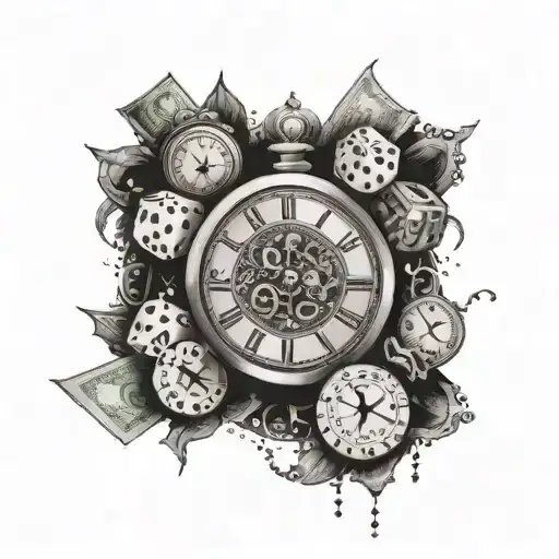A clock with dice as the hands and money symbols as the hour markers tattoo design idea