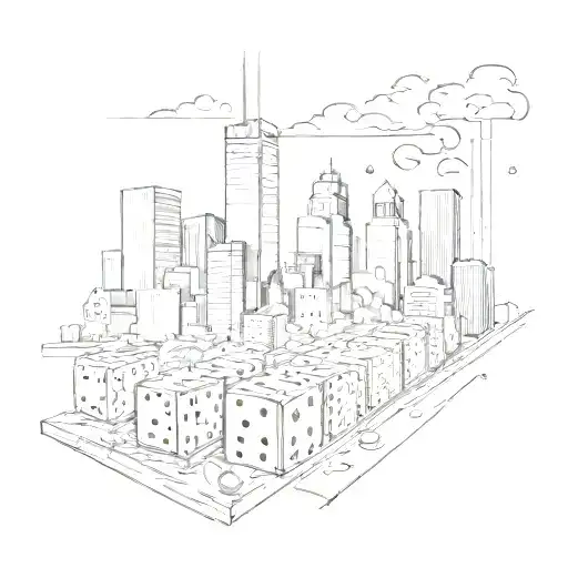 Detroit skyline with dice rolling through the streets tattoo design idea