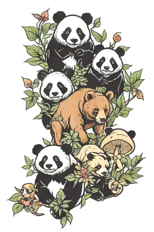 Grizzly bear, Panda, elephant, sloth in the forest with mushrooms  tattoo design idea