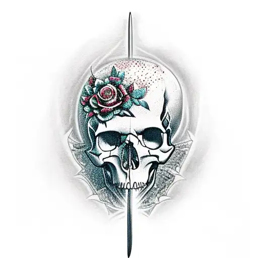 Skull and Roses and sword through skull with a waterfall and andrew tate in the background tattoo design idea