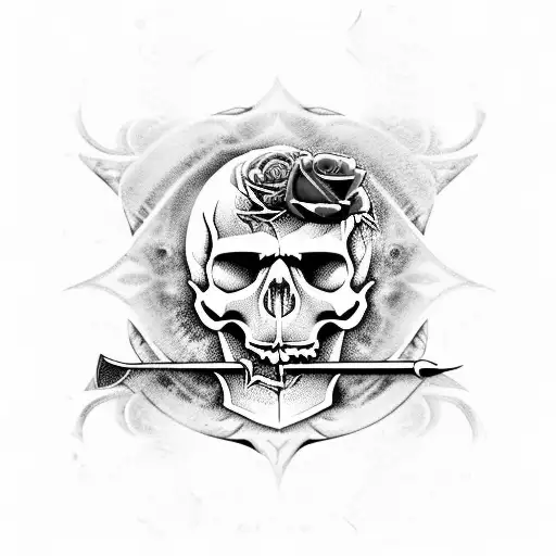 Skull and Roses and sword through skull with a waterfall and andrew tate in the background tattoo design idea