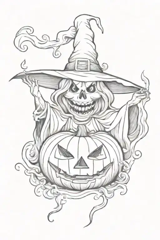 halloween pumpkin, ghost, witch casting a spell tattoo design idea