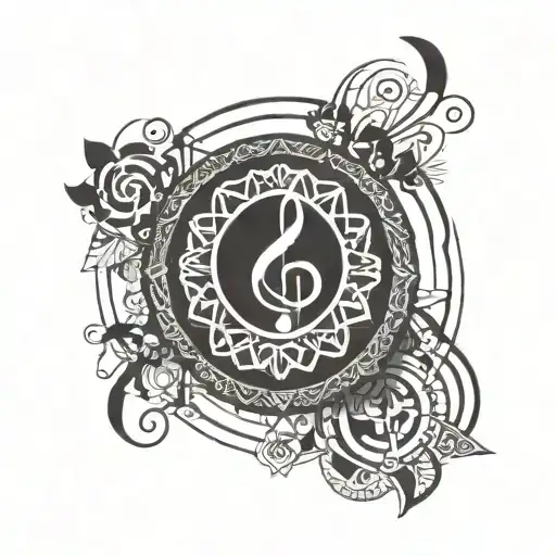 A geometric mandala design incorporating musical notes and religious symbols tattoo design idea