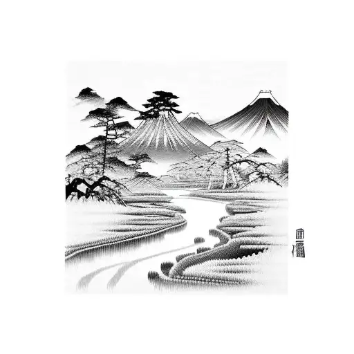 traditional Japanese landscape ink painting with rice fields and river and forest  tattoo design idea