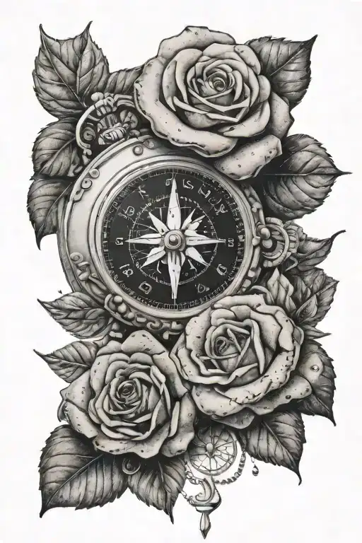 A realistic tattoo, black and white, with a rose, a compass pointing south and a DNA molecule tattoo design idea