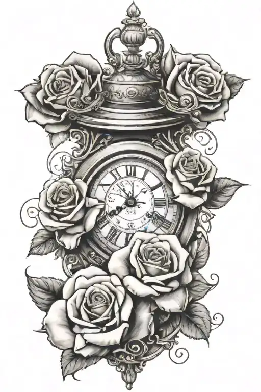 roses with Roman numeral clock tattoo design idea