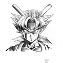 A fusion design featuring Future Trunks from Dragon Ball Z holding the Master Sword from The Legend of Zelda, with the T tattoo design idea