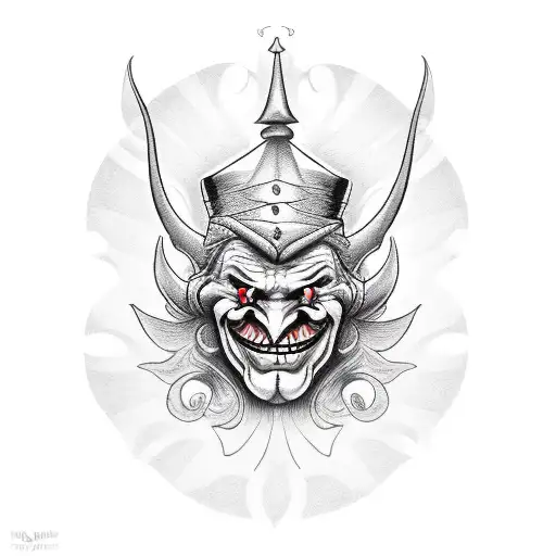 evil jester face smiling wearing jester hat tattoo design idea