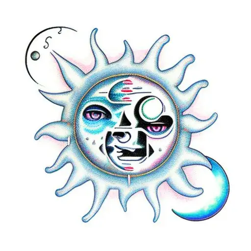 Sun and Moon with wind and rain surrounding them tattoo design idea