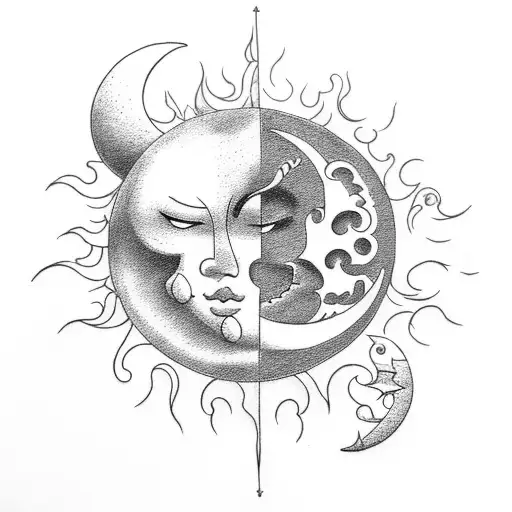 Sun and Moon with wind and rain surrounding them tattoo design idea