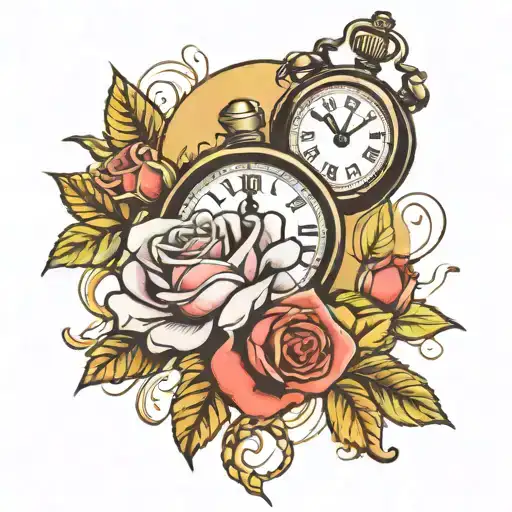 rose with a broken clock behinde  tattoo design idea