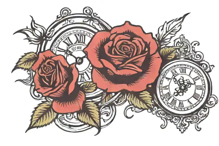 a rose in front of a broken clock tattoo design idea