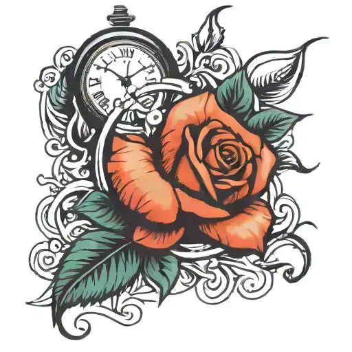 rose with a broken clock  tattoo design idea