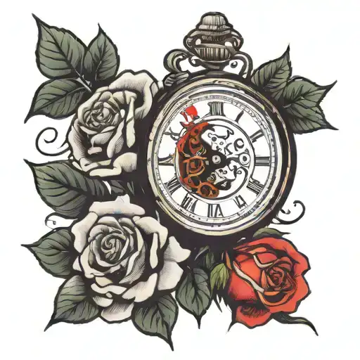 rose with a broken clock  tattoo design idea