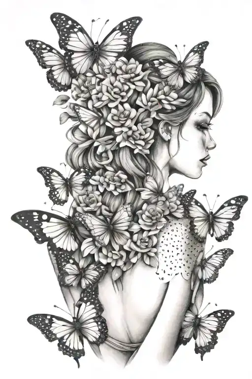 3d girl flowers butterfly wings tattoo design idea