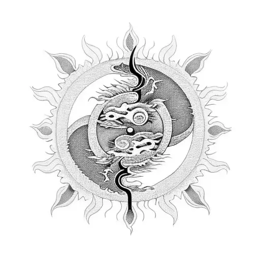 Sun and dragon silhouette in a yin and yang design tattoo design idea