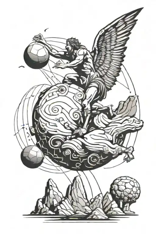 Sysiphus rolling a boulder uphill while Icarus is falling from the sky tattoo design idea