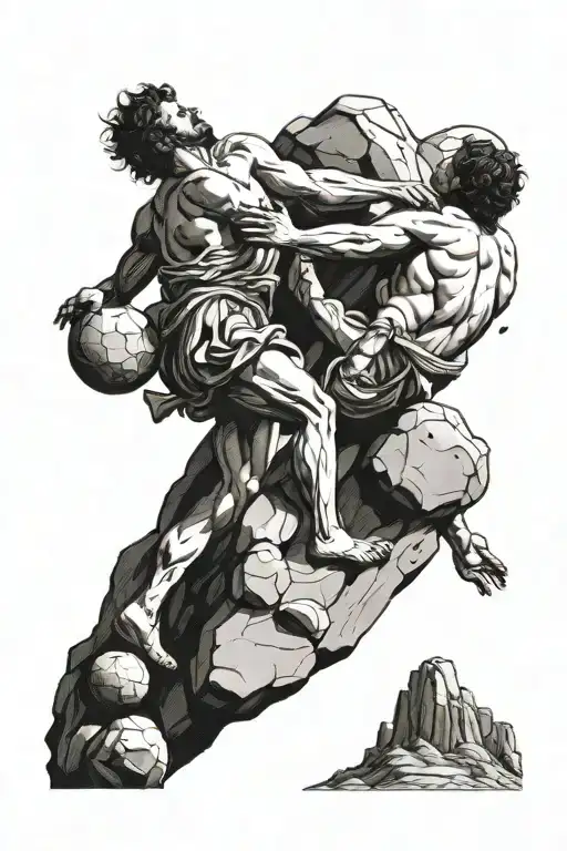 Sysiphus rolling a boulder uphill while Icarus is falling from the sky tattoo design idea