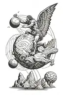 Sysiphus rolling a boulder uphill while Icarus is falling from the sky tattoo design idea