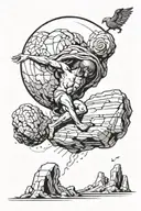 Sysiphus rolling a boulder uphill while Icarus is falling from the sky tattoo design idea
