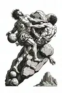 Sysiphus rolling a boulder uphill while Icarus is falling from the sky tattoo design idea