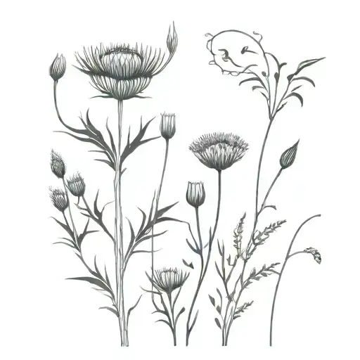 Heather, thistle, poppy, pasture with grass tattoo design idea