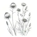 Heather, thistle, poppy, pasture with grass tattoo design idea
