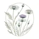 Heather, thistle, poppy, pasture with grass tattoo design idea