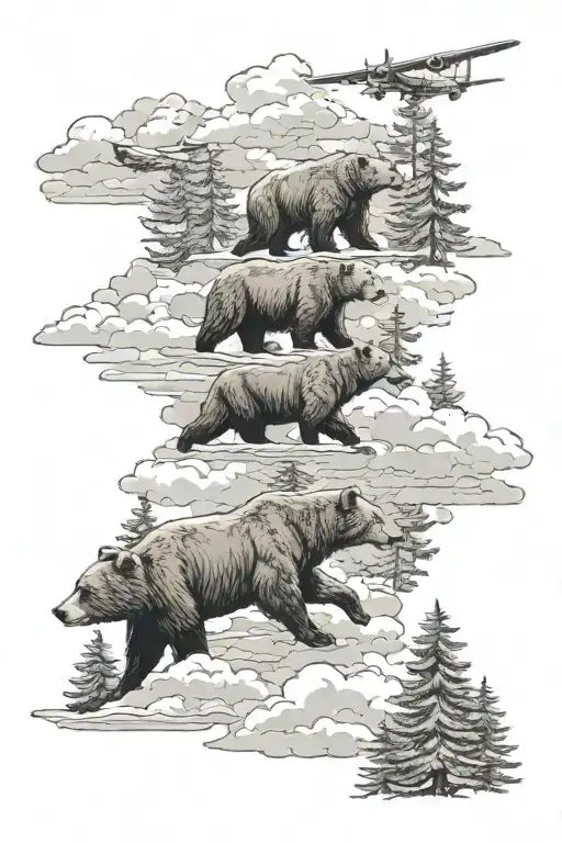 3 bears in front of realistic conifer trees with cloudy sky and plane flying through clouds tattoo design idea