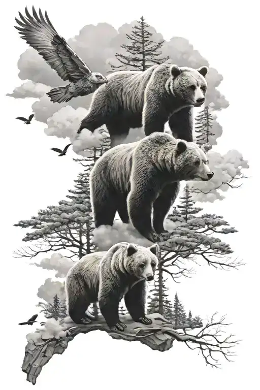 3 bears in forest, cloudy sky, a plane and a bird flying out of clouds tattoo design idea